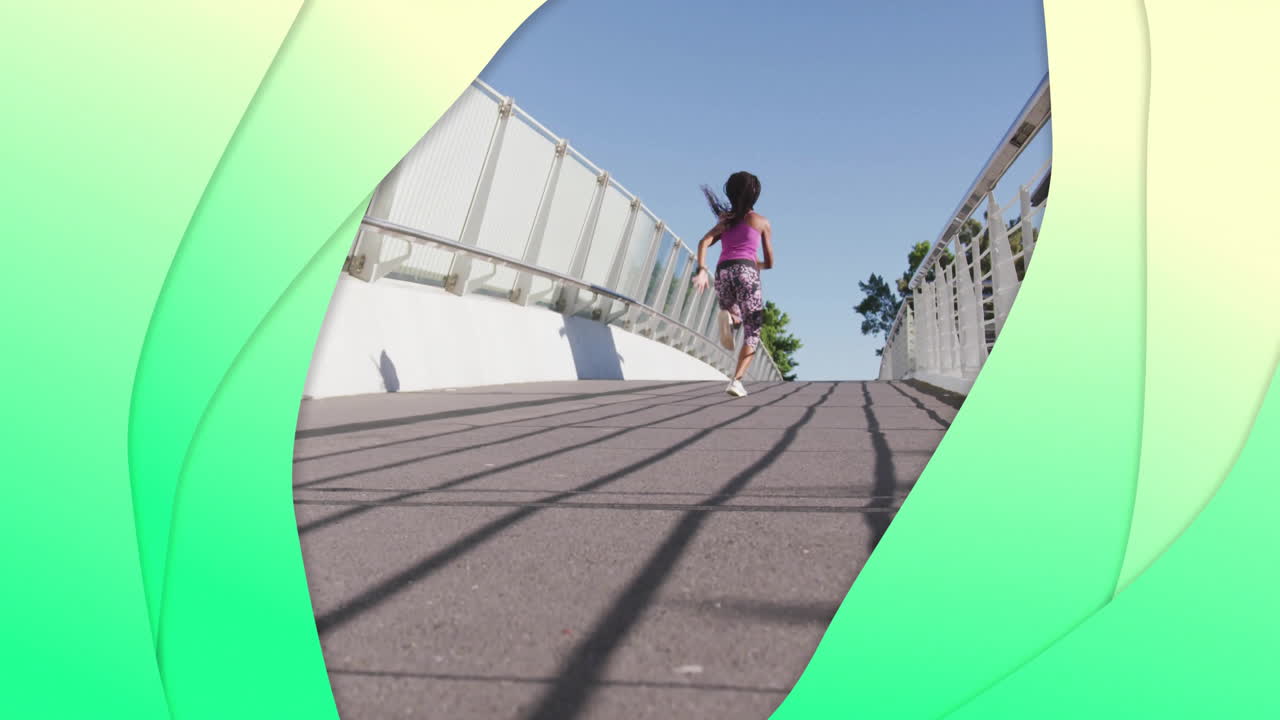 Animation of green shapes over biracial woman running on bridge