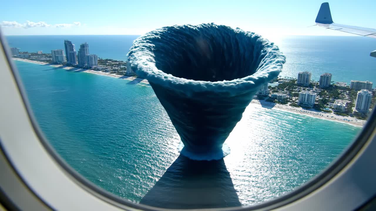 Waterspout over Coastal City Viewed from Airplane Window
