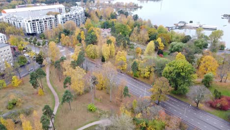 Aerial---Sibelius-Park-and-Gulf-of-Finland,-Helsinki,-Finland,-wide-shot-tilt-up