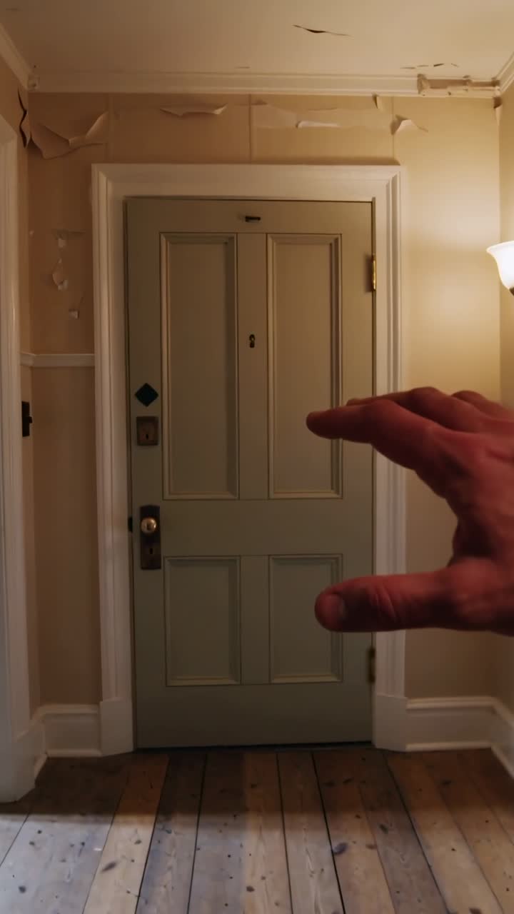 Vertikal video: Højre hånd kommer ind, rækker ud mod paneldør i smal gang og tjekker dørspion.