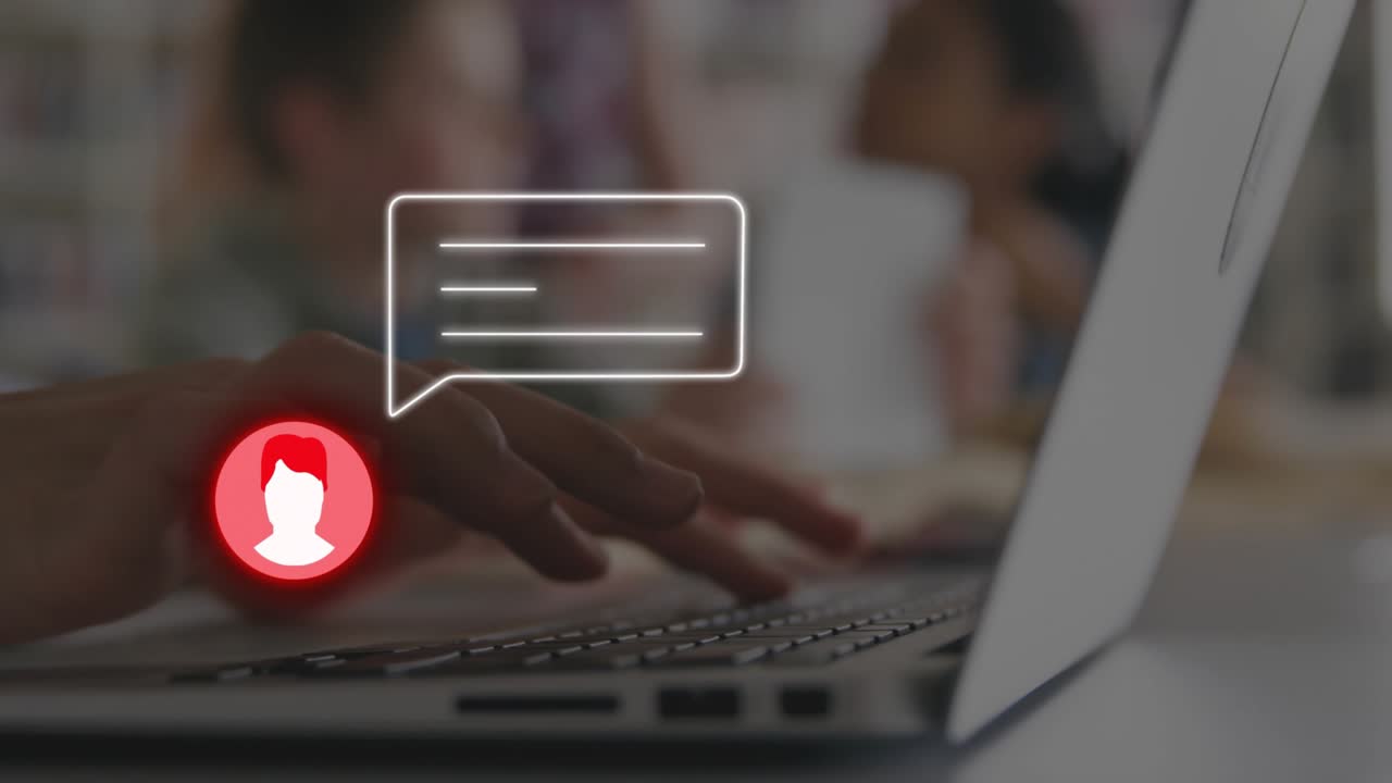 Student typing message to send on laptop in school lab, user icon fading in bubble pulsing