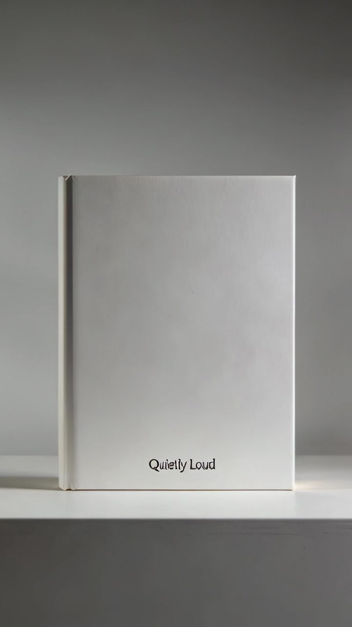 Video verticale: Telecamera in panning mostra un libro bianco su uno scaffale in uno studio, promuovendo il titolo "Quietly Loud".