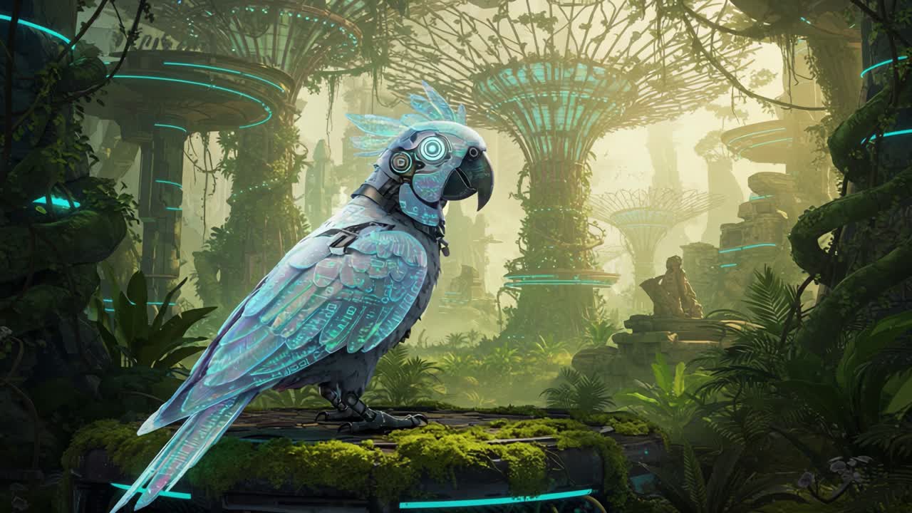 In a lush, futuristic jungle, a stunning mechanical parrot stands majestically among bioluminescent trees and vibrant greenery, embodying a blend of nature and technology