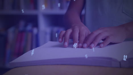 braille reading boy surrounded by digital numbers and symbols, symbolizing education.