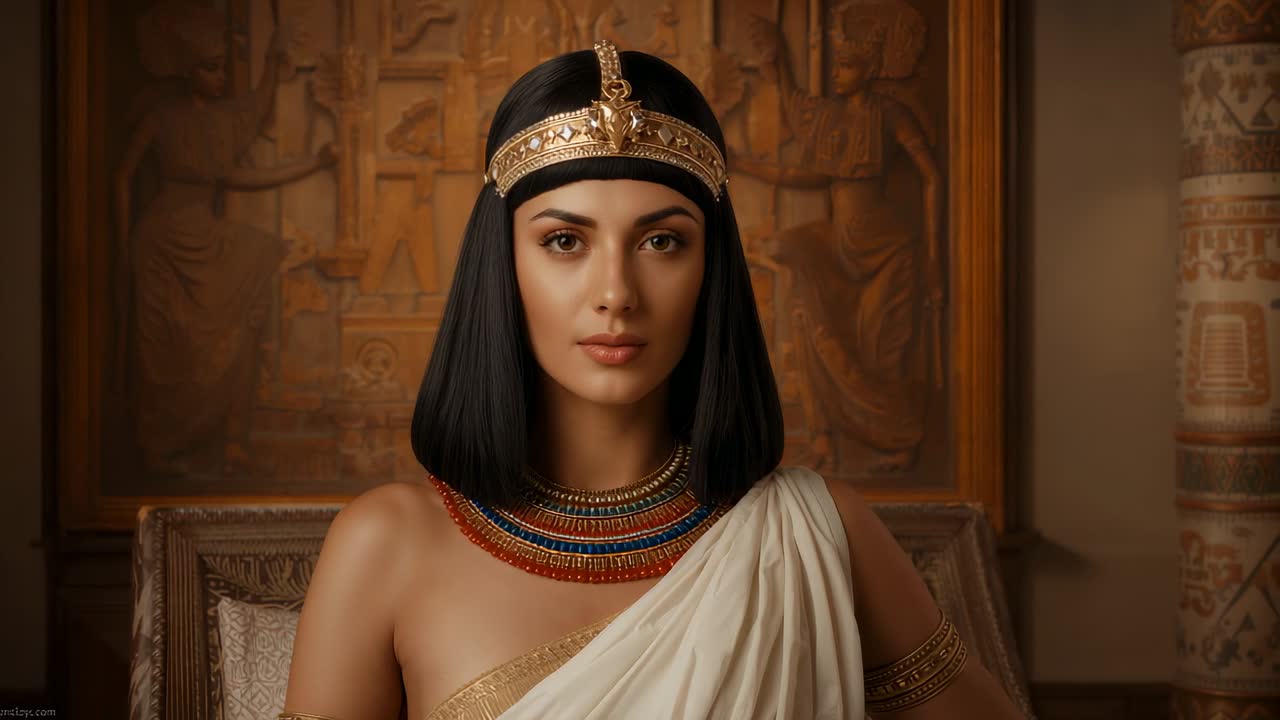 Maintaining posture woman wearing Egyptian regalia on carved wooden throne, conveying authority