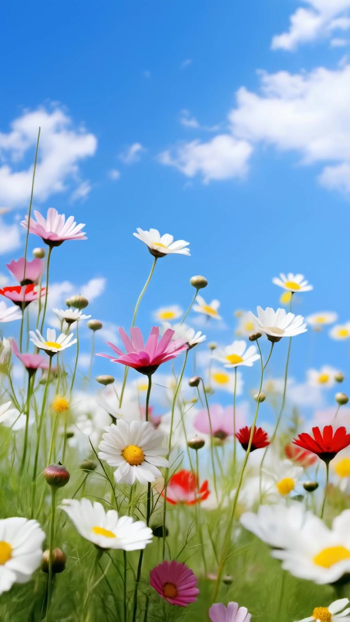 Beautiful Wildflowers Swaying in the Wind Against a Blue Sky
