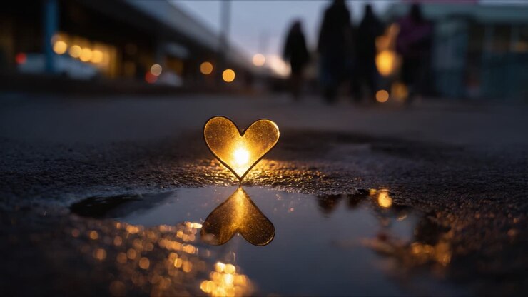 Riflesso di un cuore luminoso sul terreno bagnato tra la folla serale, che cattura l'essenza dell'amore e della luce in un ambiente urbano con una delicata luminosità soffusa