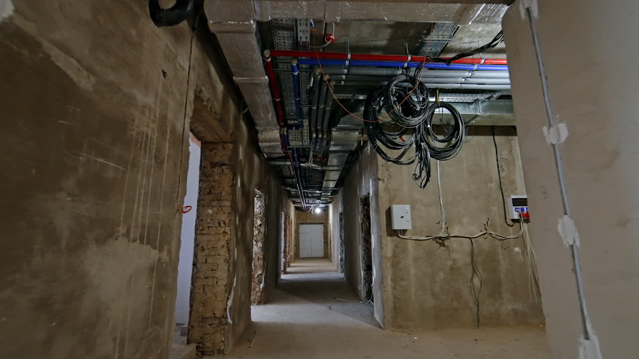 Walk by the long corridor with bare walls. New electricity and ventilation system on the ceiling. Low angle view.