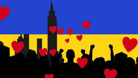 animation of hearts and cityuscape over flag of ukraine