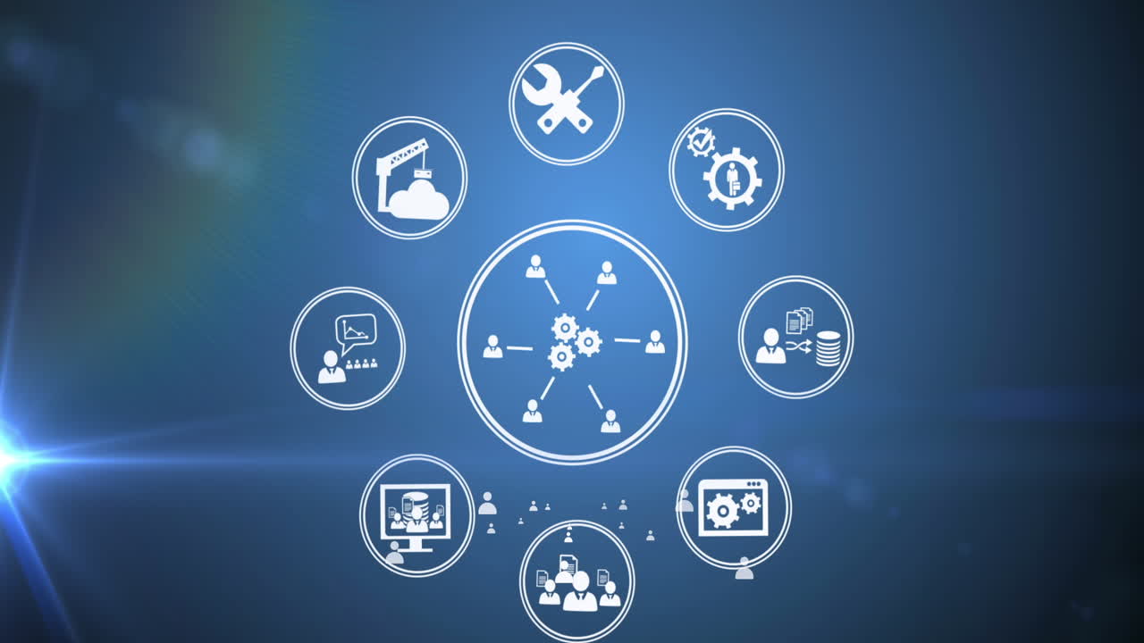 Animation of network of media icons on blue background