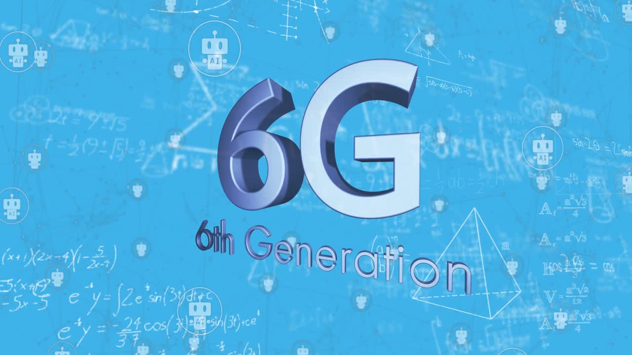 animación de un procesamiento matemático de datos, texto 6g y red de conexiones