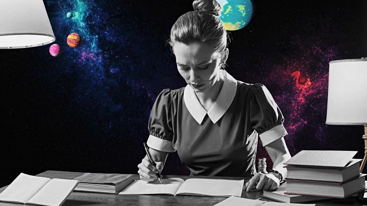 A black-and-white video still of a woman writing at a desk, with a surreal space background