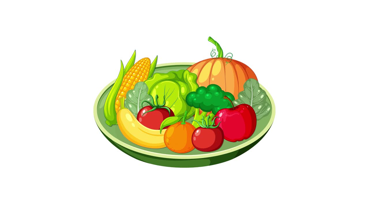 Various vegetables smoothly appear on a plate, forming a vibrant, healthy fiber-rich food group