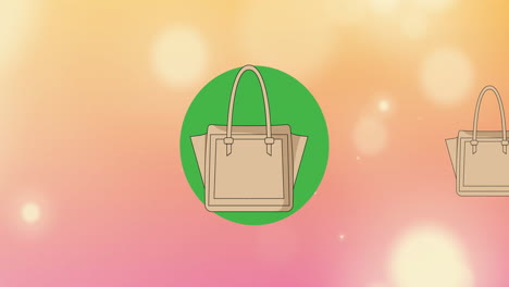 animación de bolsos de mano de color beige sobre un círculo verde sobre un fondo rosa bokeh