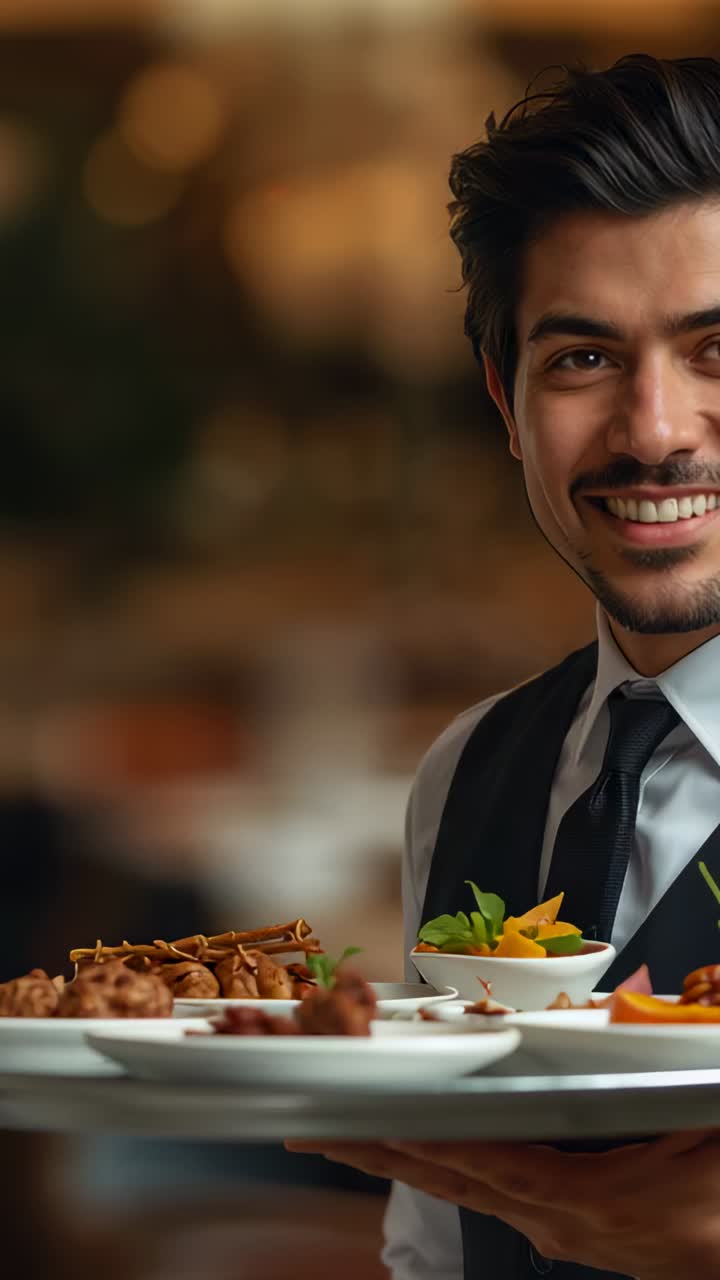 Vertical video: Smiling server in vest serving tray at restaurant with plates and bowls, copy space