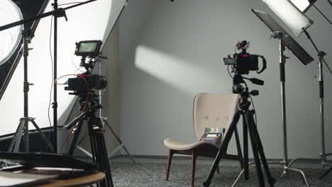 set of film cameras and lights in a studio. lights off