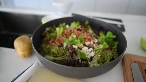 homemade salad with several ingredients in bowl at home on kitchen counter