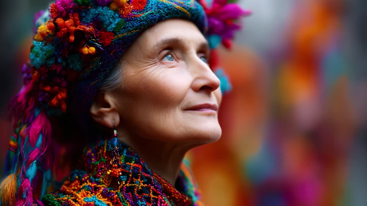 Captivating Portrait of a Woman in Vibrant Traditional Attire, Radiating Beauty and Wisdom, Against a Colorful Background of Cultural Celebration, Embracing Heritage and Identity