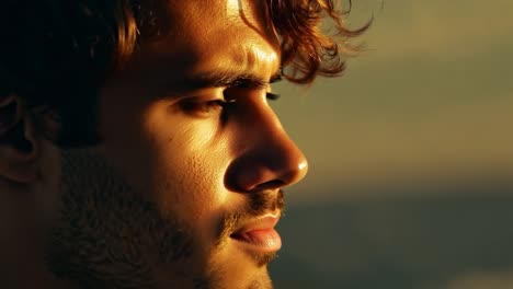 a close-up portrait of a young man with a beard, looking away with a serious expression in the golden hour light.