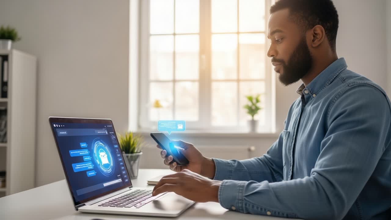A focused individual engages with a smartphone while simultaneously monitoring a laptop displaying communication and artificial intelligence interfaces, showcasing modern digital interaction