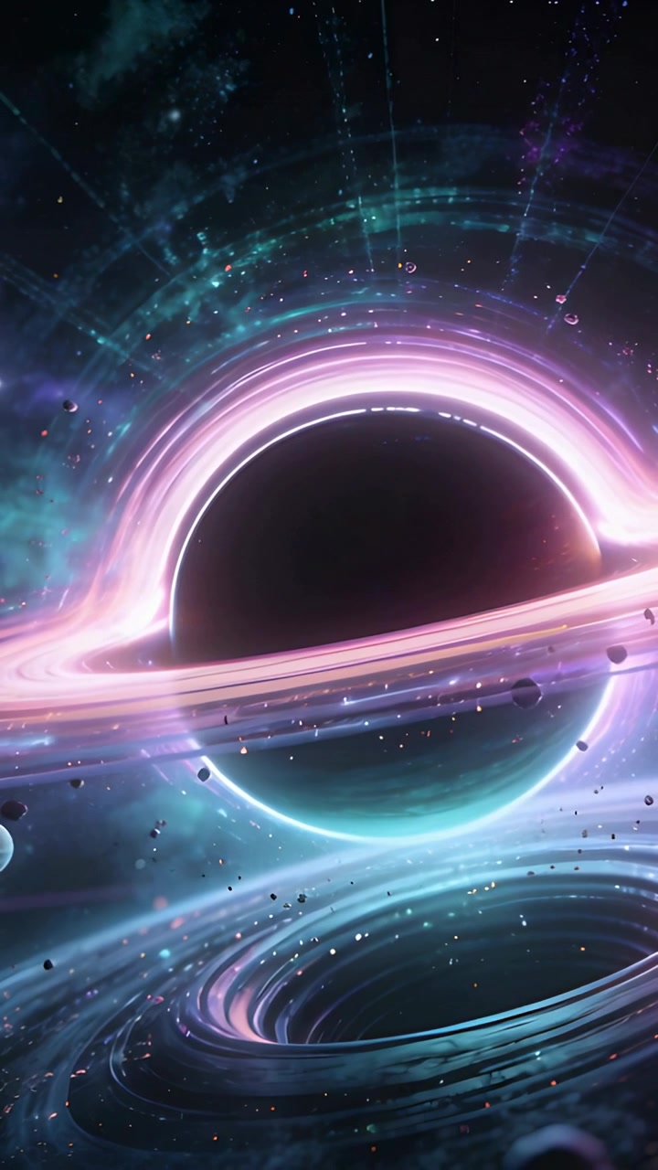 Vertical video: Rotating dark core pulling debris in as gravity growing in space, with bright ring