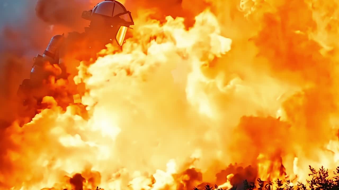 큰 화재 앞에 서 있는 소방관 들 의 그룹