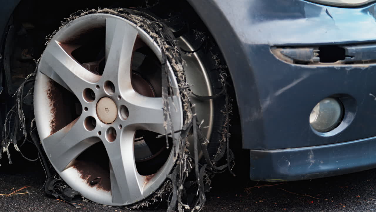 Close up of a blown tire of an old, blue car