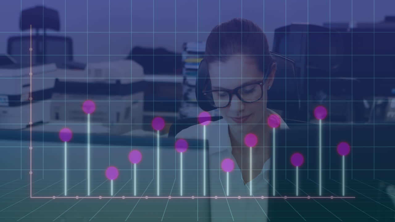 animación de gráfico sobre patrón de cuadrícula contra mujer caucásica trabajando en el escritorio en la oficina
