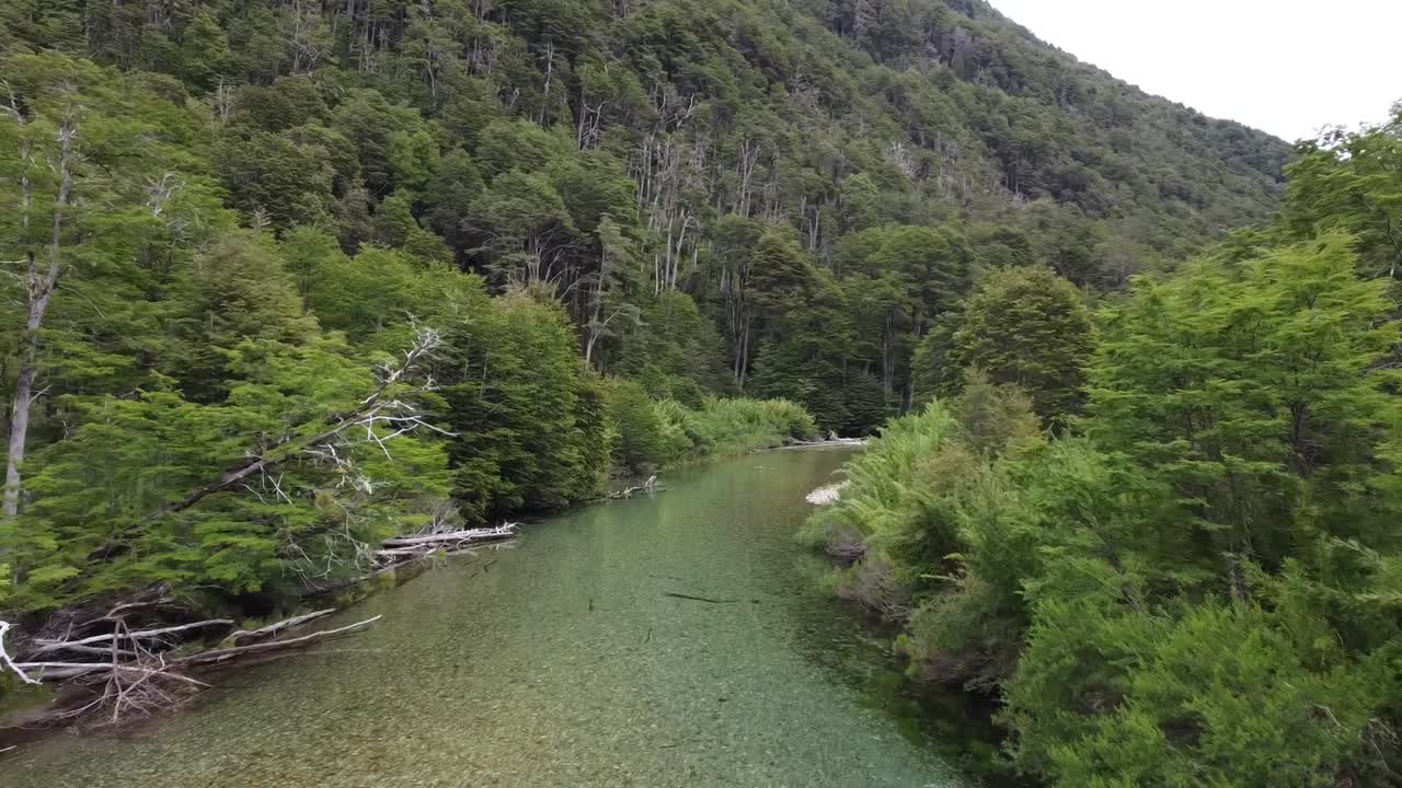 Birdseye view of this cristal clear river inside of the forest of Patagonia Argentina