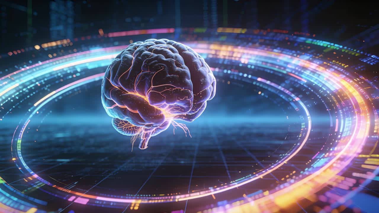 Rotating data ring starting as holo brain rotating, neural veins pulsing, camera zooming to scan