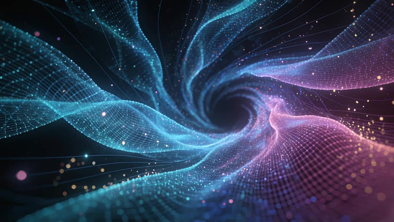 Sweeping from sides, cyan pink mesh spiraling inward in dark void, pulling light orbs into vortex