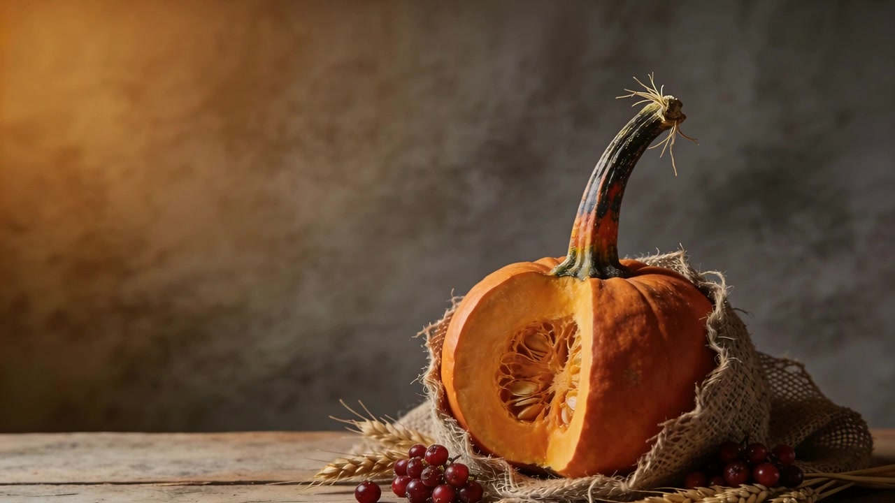 Zucca tagliata in un sacco di iuta con grano e bacche