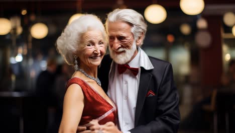 happy elderly couple dressed elegantly, dancing joyfully together at a lively party in a restaurant, celebrating their love and creating beautiful memories on a special evening