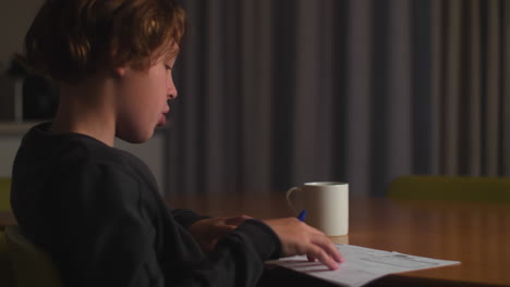 boy doing homework and thinking over the answers