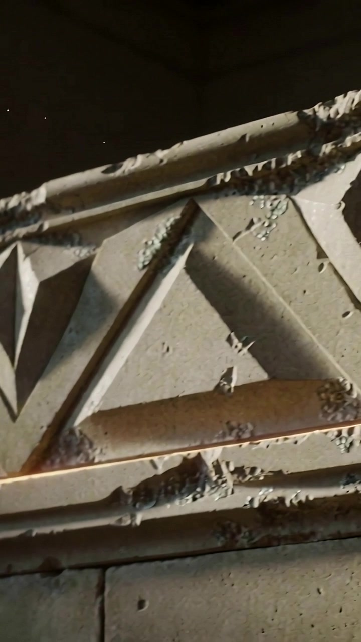 Vertical video: Tracing orange beam appearing along molding in low hall, lighting relief and sparks