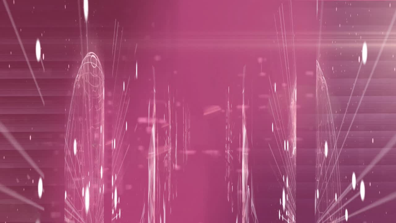 핑크색 배경에 연결 네트워크와 함께 스캔하는 스 ⁇ 과 회전하는 글로브의 애니메이션