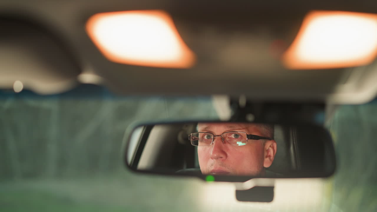 un hombre con gafas se refleja en el espejo retrovisor de un coche. su expresión está enfocada y contemplativa, mientras la suave iluminación interior ilumina la escena