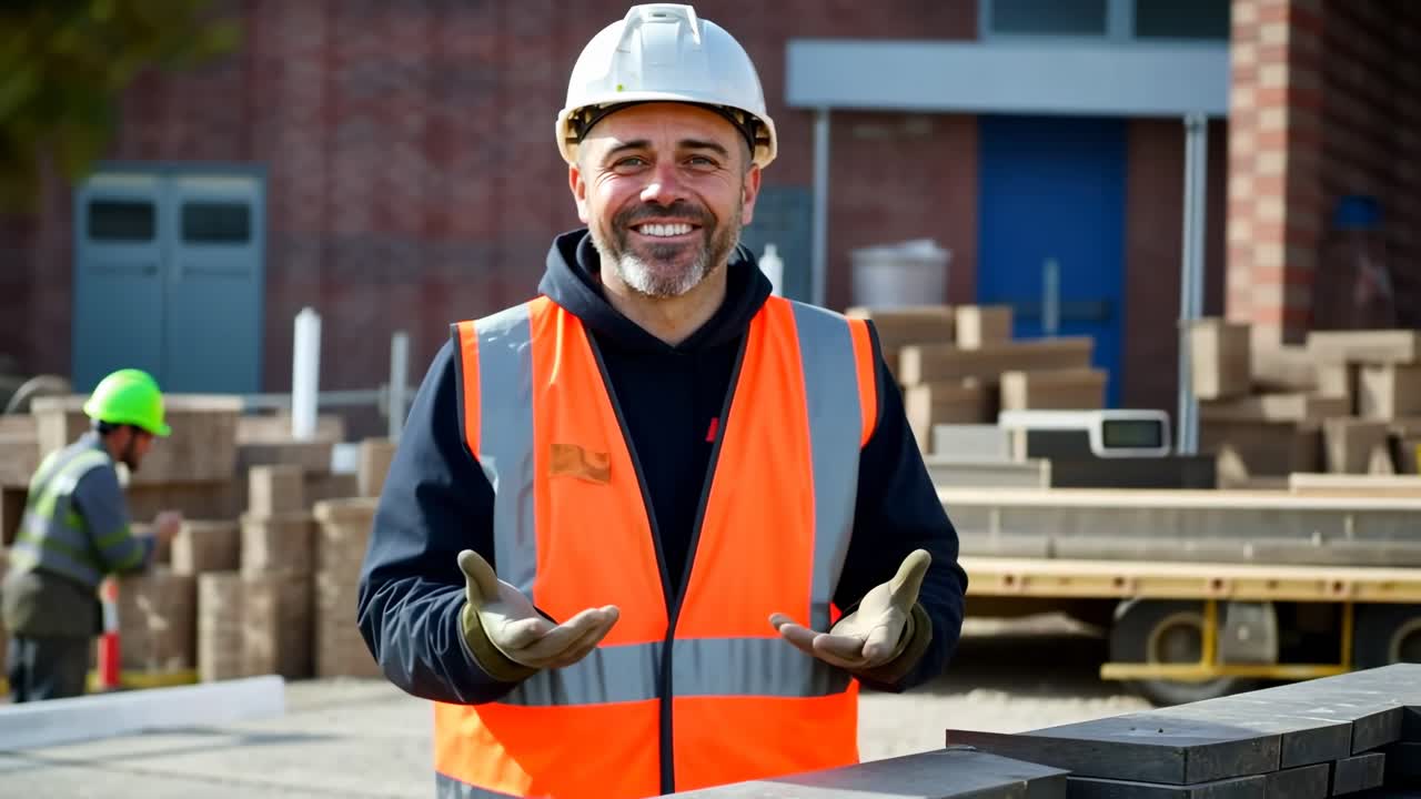 A smiling construction worker in a hard hat and orange vest, captured in a medium shot