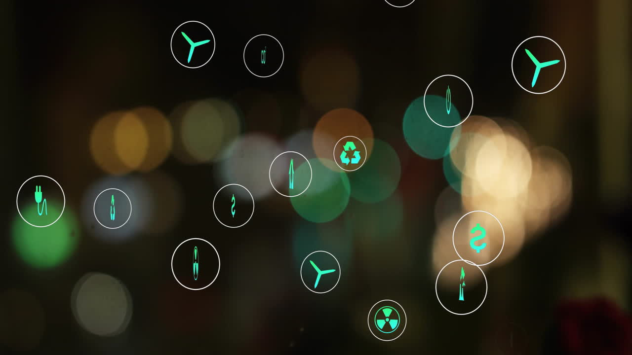 지속 가능성 아이콘을 흐릿한 도시 조명 배경 위에 애니메이션화합니다.