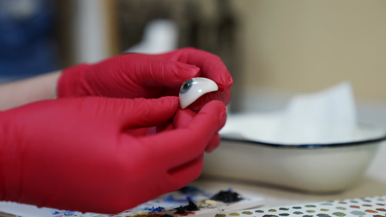 Ophtalmologist holds plastic eyeball in hands. Detailed model of eye. Selective focus on hands in red latex gloves.
