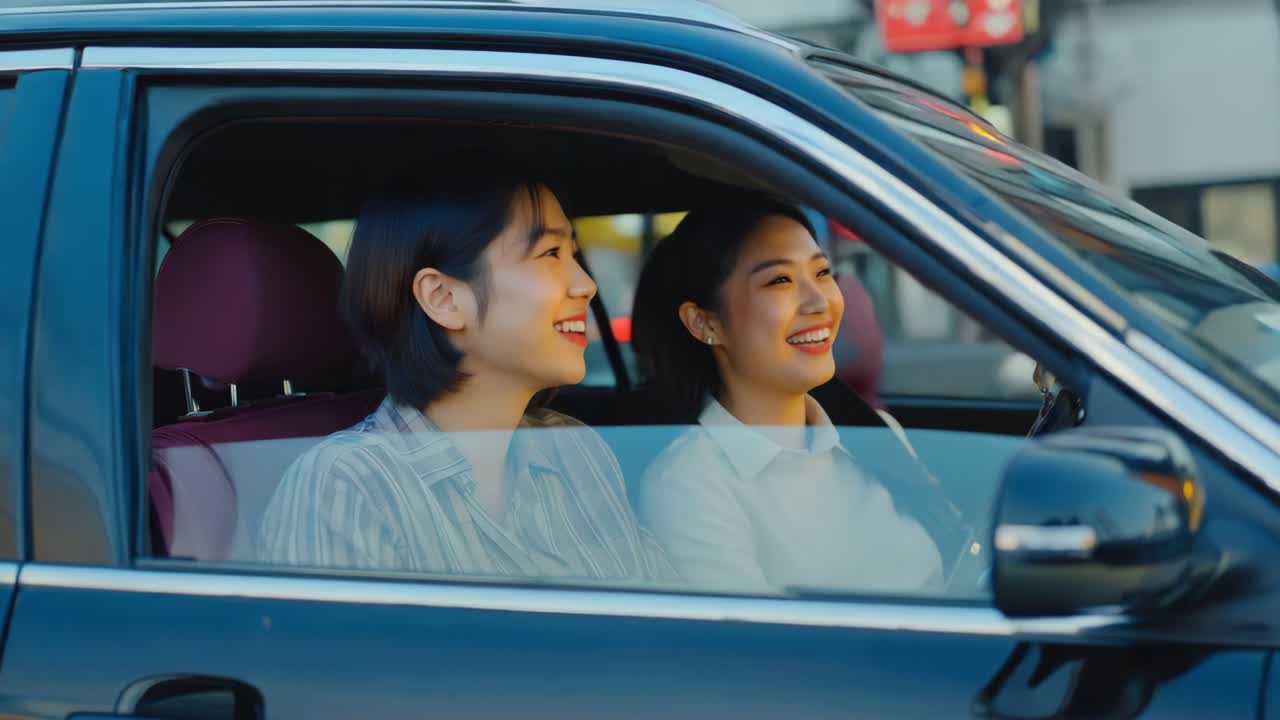 Two smiling women enjoying a car ride