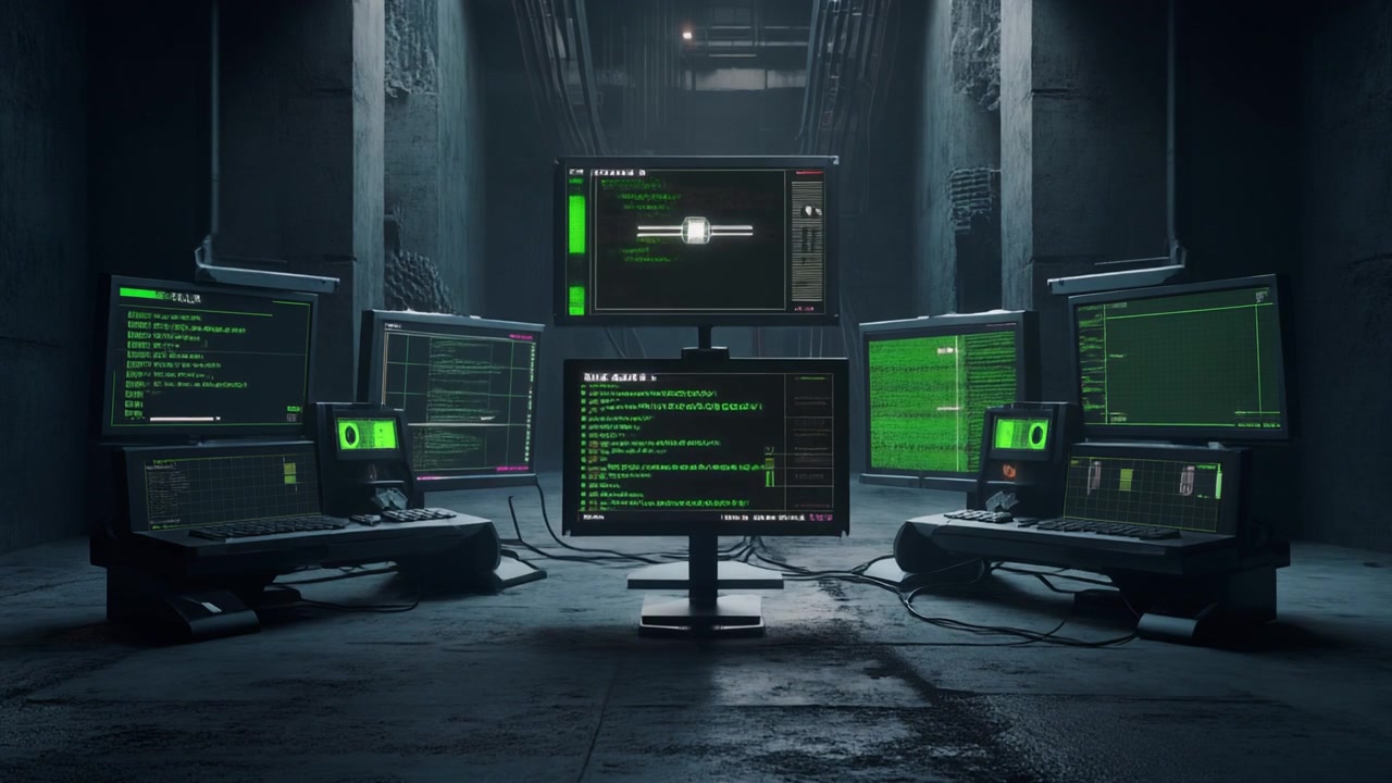 Hacker-Arbeitsplatz mit mehreren Monitoren, die grünen Code anzeigen