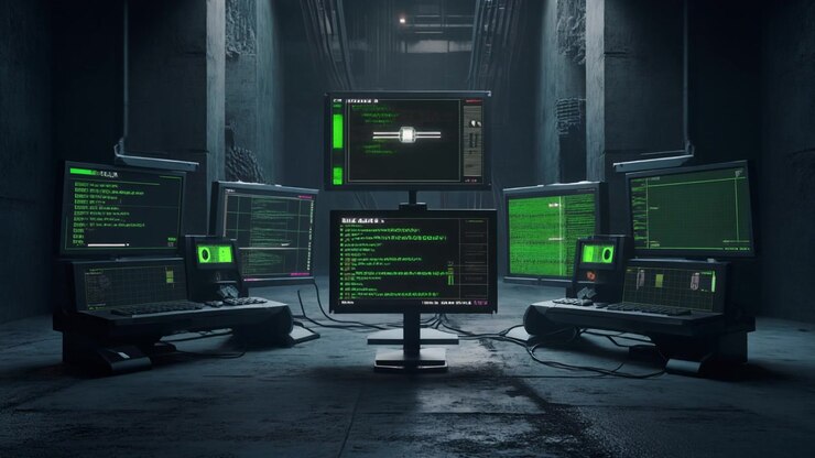 Hacker Workstation with Multiple Monitors Displaying Green Code
