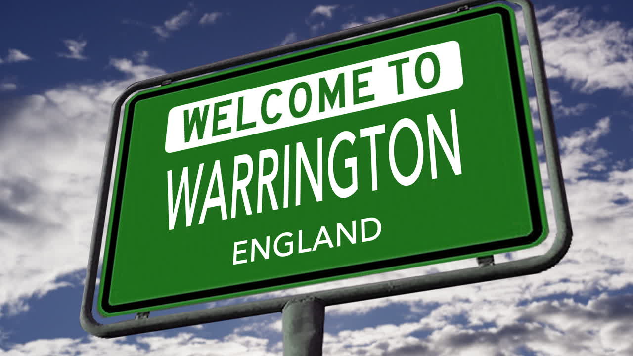 bienvenido a warrington, inglaterra, señal de la ciudad del reino unido, animación 3d realista