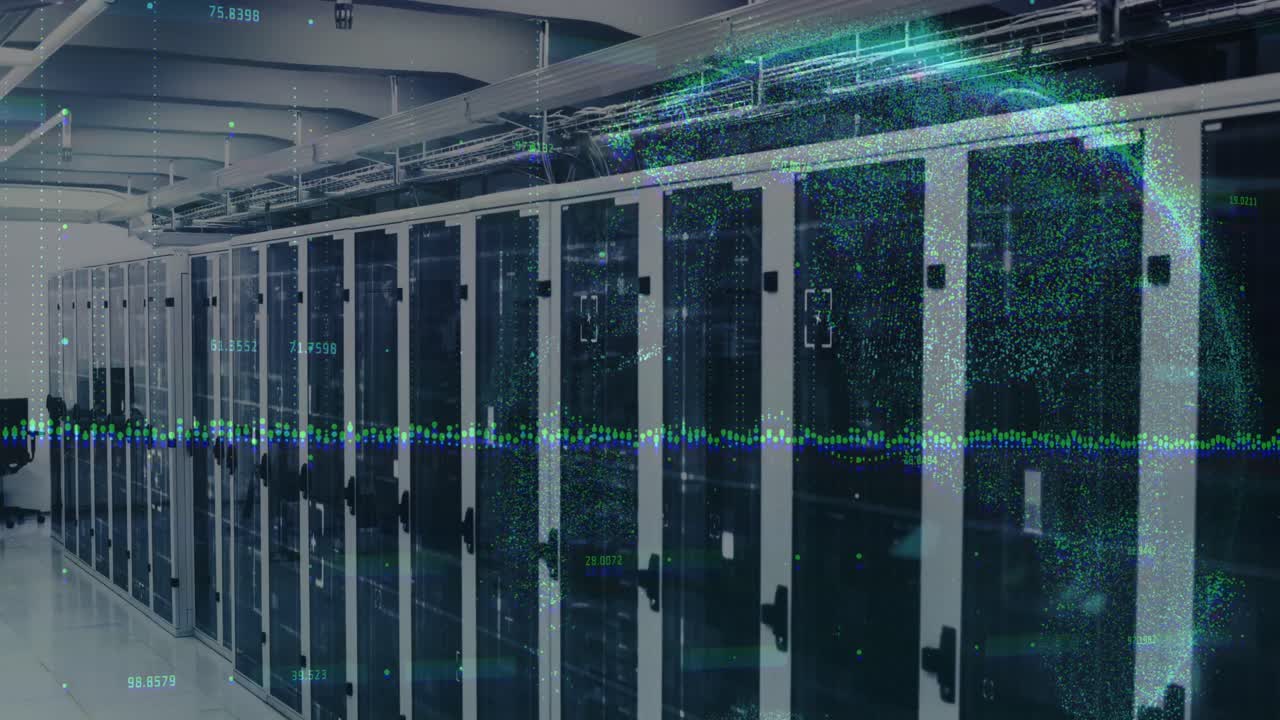 Animation of data processing and globe over servers