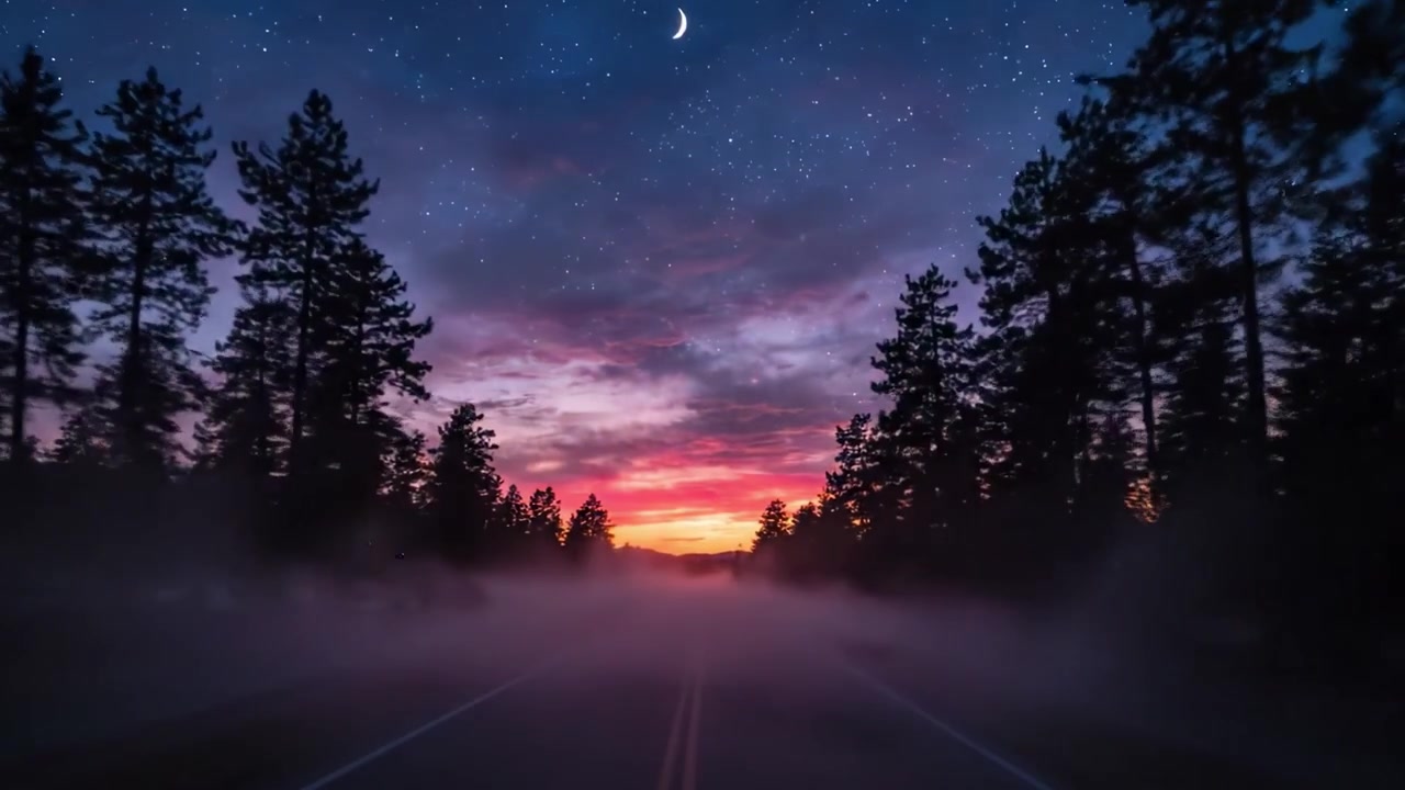 Una trasformazione mozzafiato dall'alba dorata alla notte stellata: catturare la bellezza della natura su una strada serena circondata da alberi maestosi e nebbia mistica.
