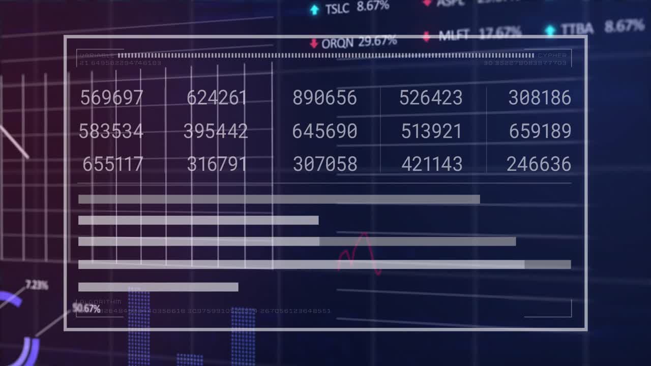 Animation of interface with statistical and stock market data processing against blue background