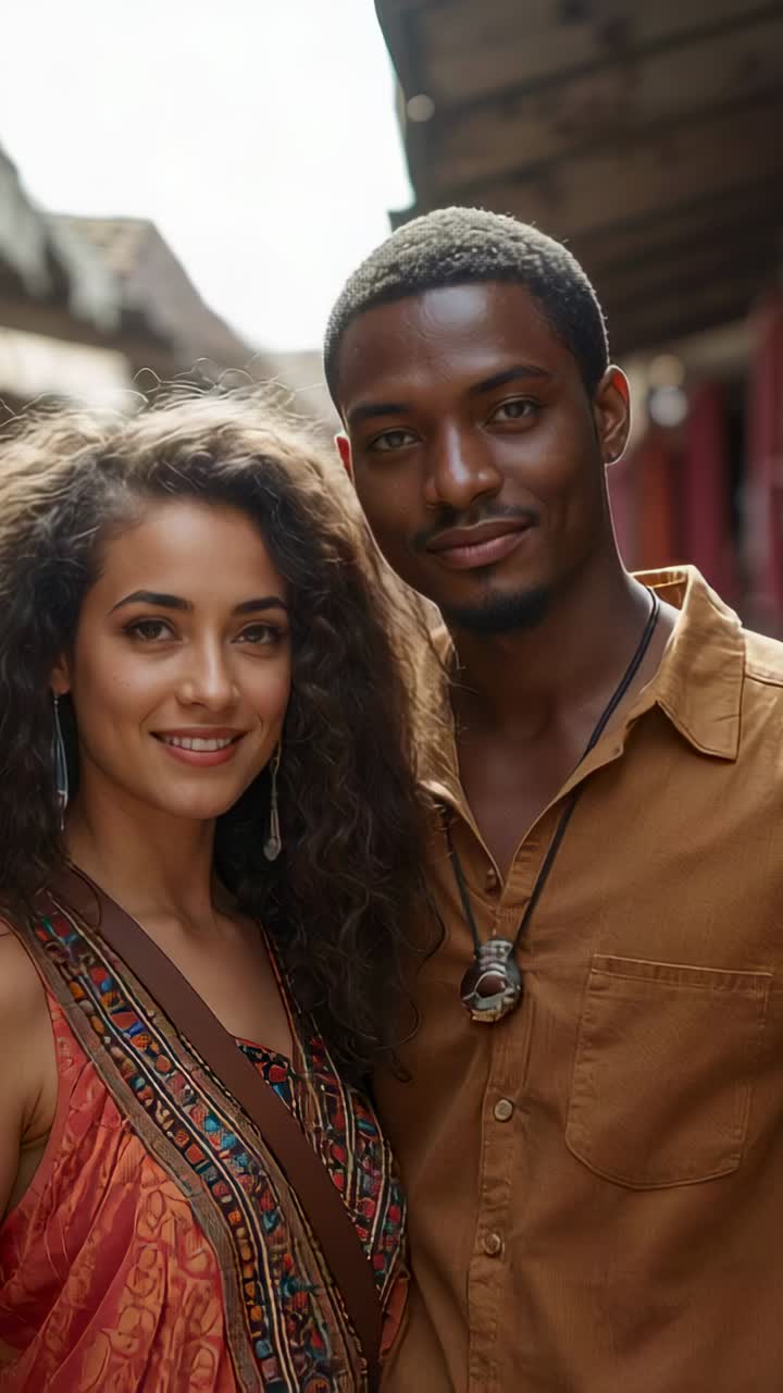 Vertical video: Posing couple smiling, tilting as camera zooming in alley for shot with print dress