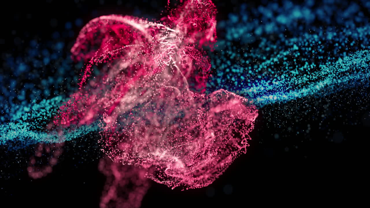 Animation of blue and red shapes moving on black background