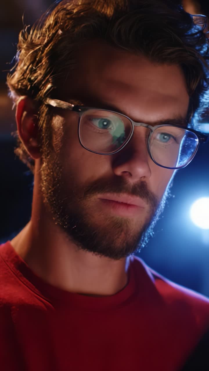 A focused individual in glasses illuminated by soft light, engaged in a captivating moment of contemplation and curiosity while interacting with a device